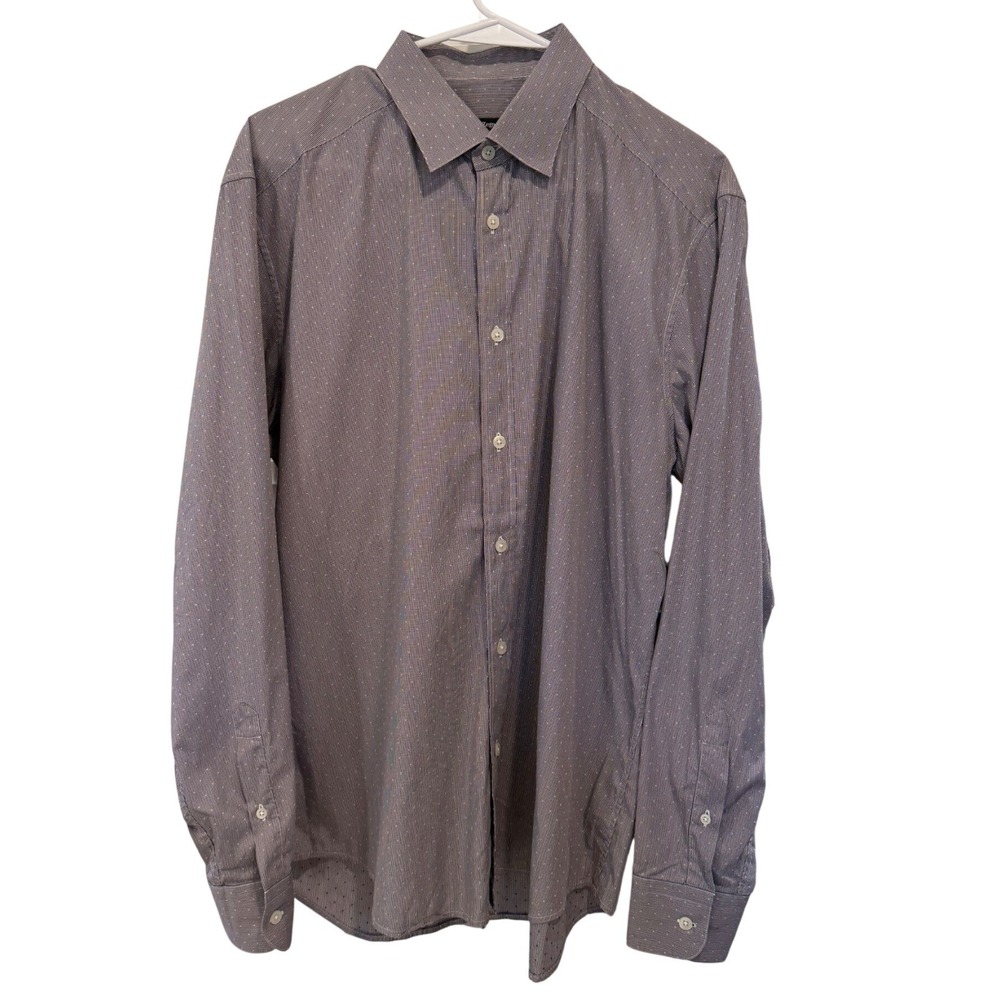 Z Zegna Men Regular Fit Micro Check Dotted Button Down Shirt Blue Brown 16.5 42